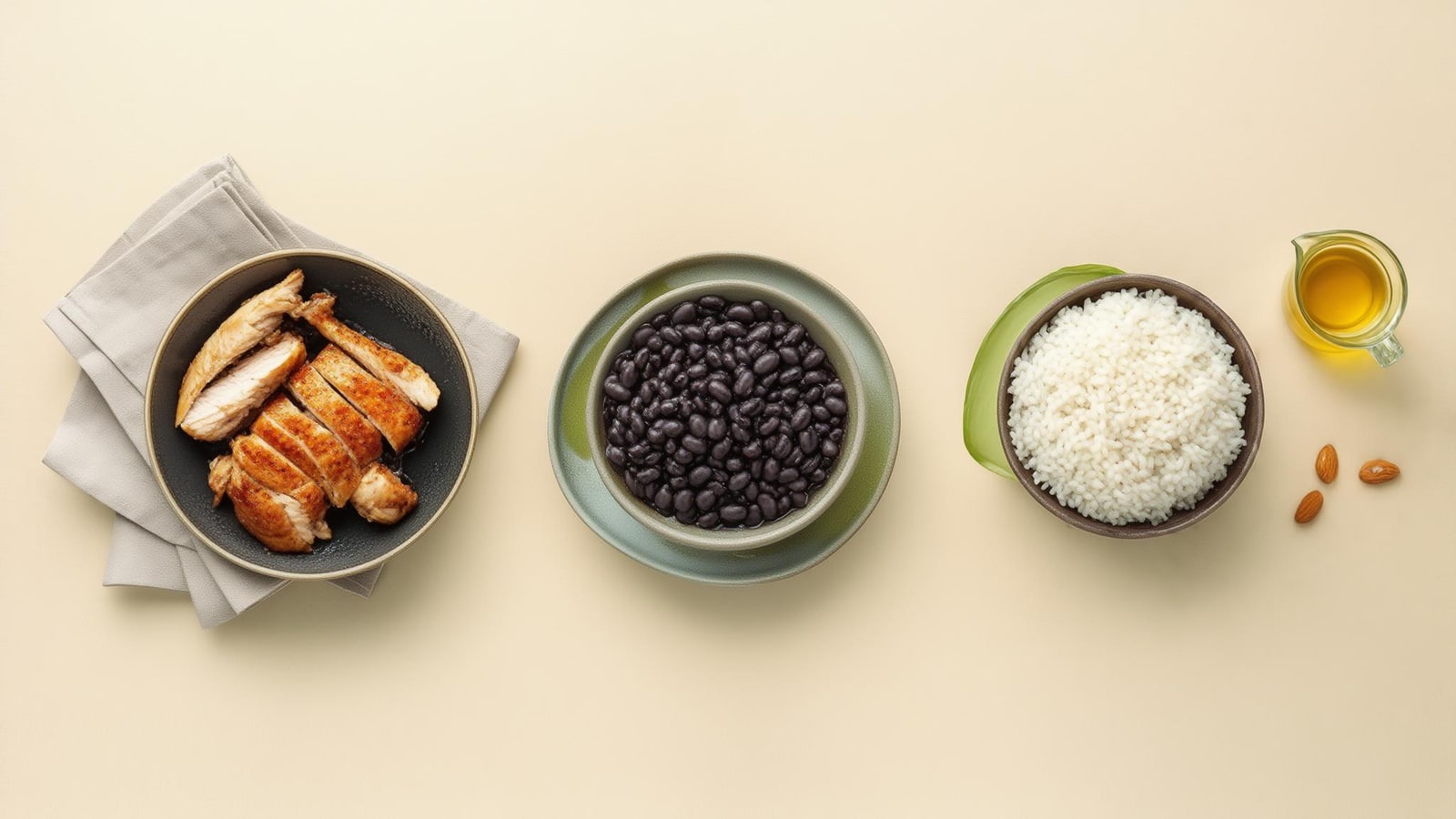 Three separated groups of chicken and beans, cooked rice, and almonds with olive oil on a warm table