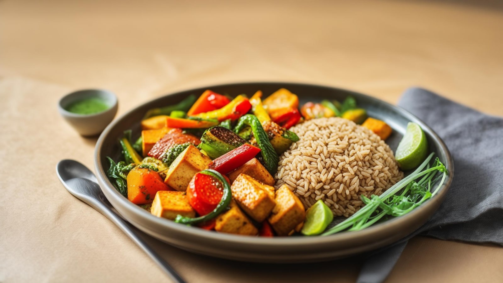 Colorful everyday plate with vegetables, grains, protein, and a simple dressing