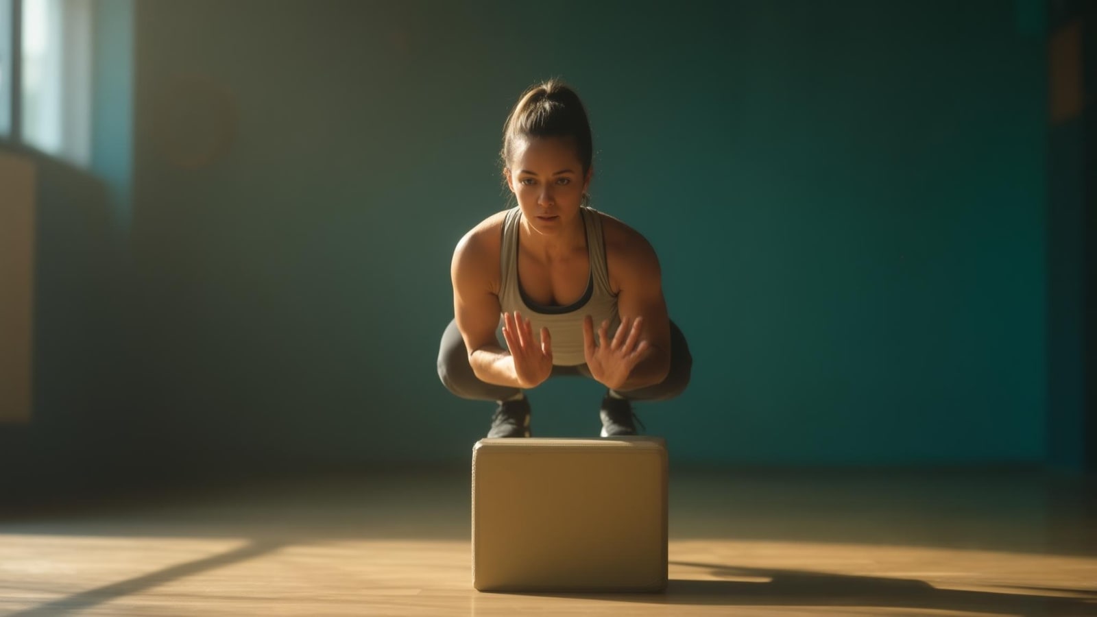 Adult beginner with an average body practicing a controlled bodyweight box squat in a welcoming gym