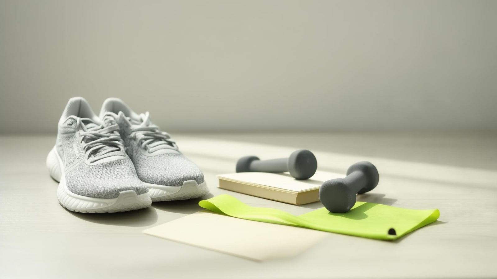 Walking shoes and modest dumbbells arranged beside a blank weekly planning page