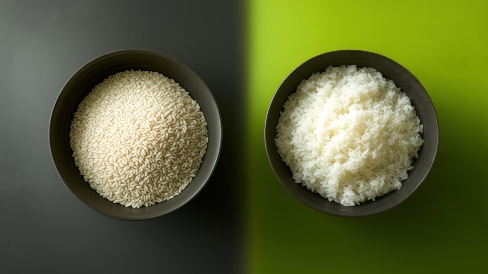 Dry rice and cooked rice in two clearly separated bowls on a warm kitchen counter