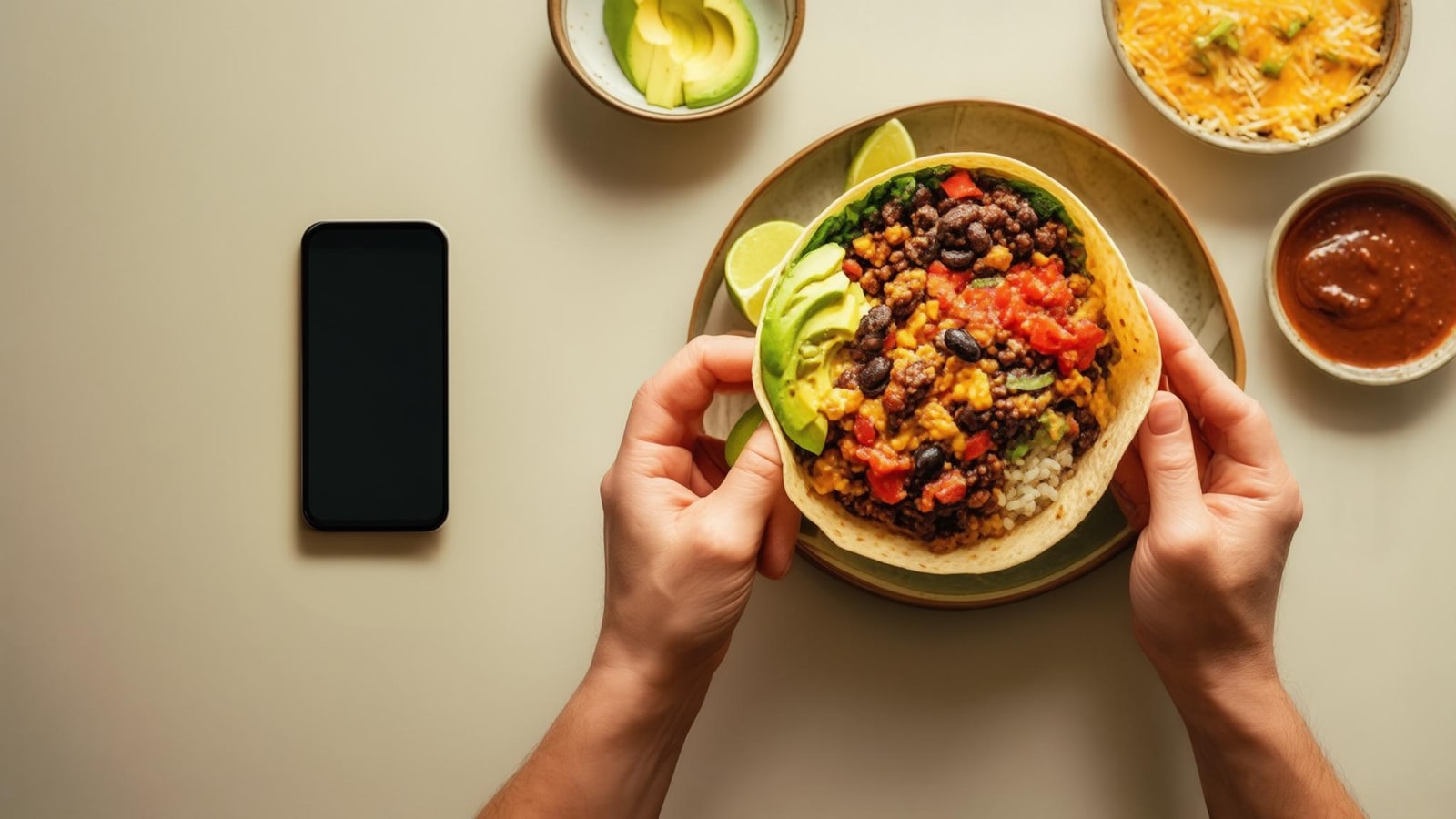 Natural hands reviewing a meal beside a blank phone and separate sauce and topping portions