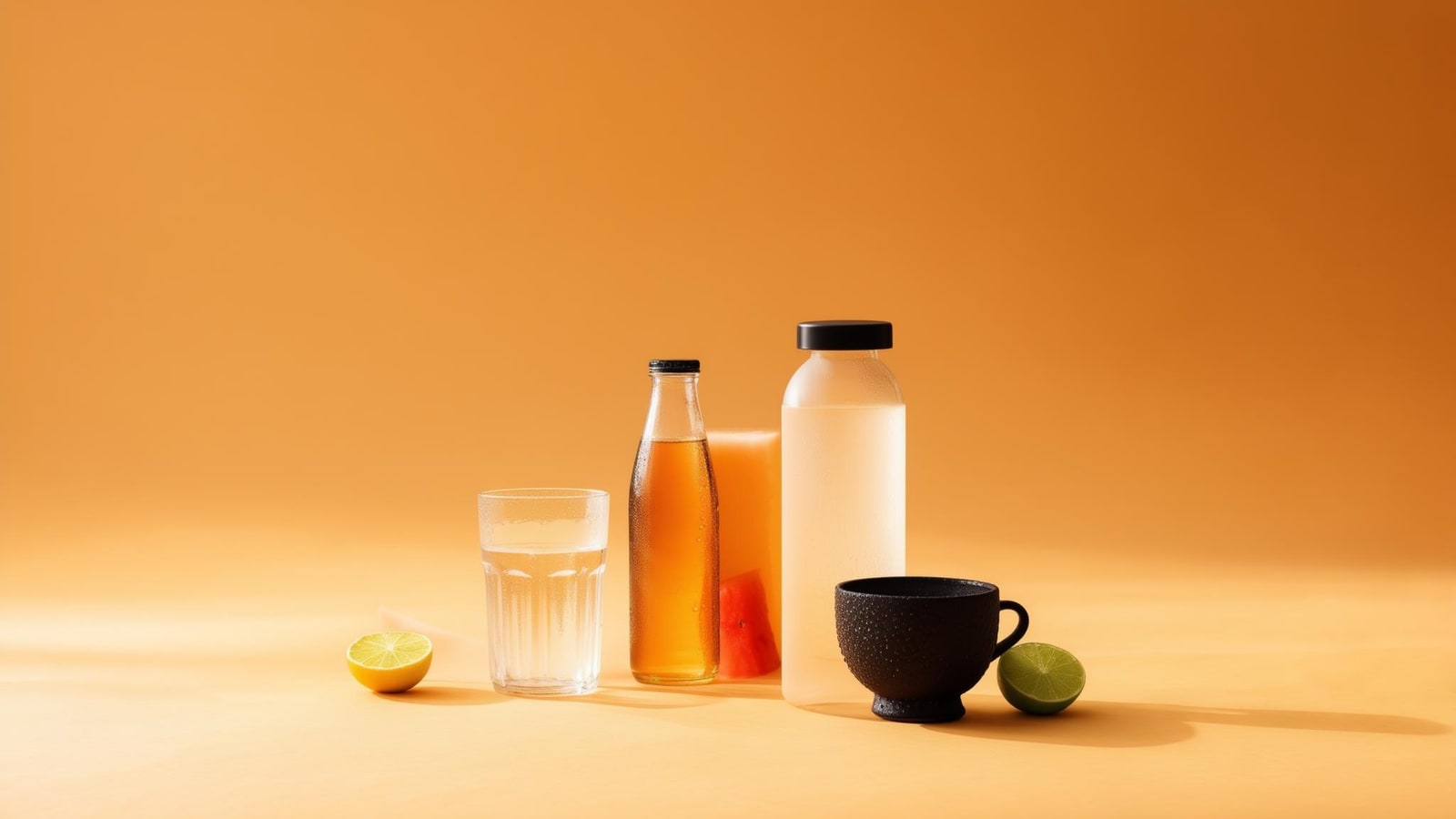 Refillable water bottle, sparkling water, tea, and water-rich fruit in natural light