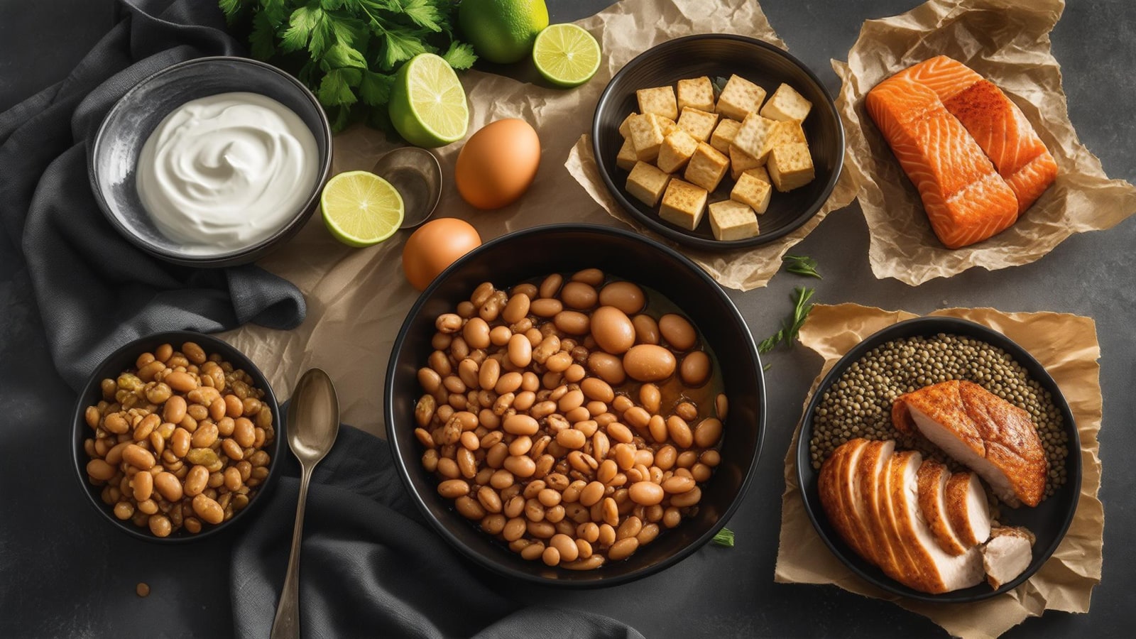 Realistic grocery spread of yogurt, eggs, tofu, beans, fish, chicken, and lentils