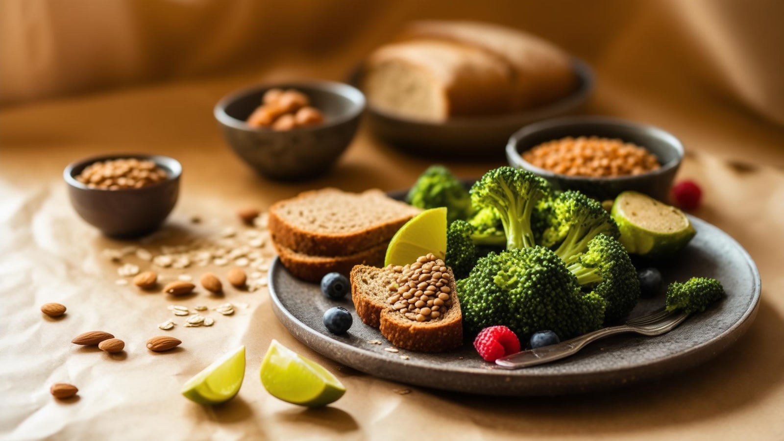 Oats, berries, lentils, vegetables, whole-grain bread, and nuts on a kitchen table