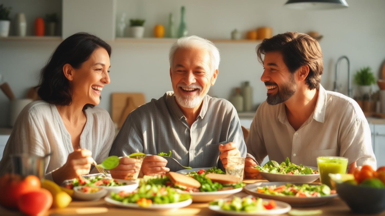 Friends sharing a relaxed weekend table with varied dishes and room for conversation