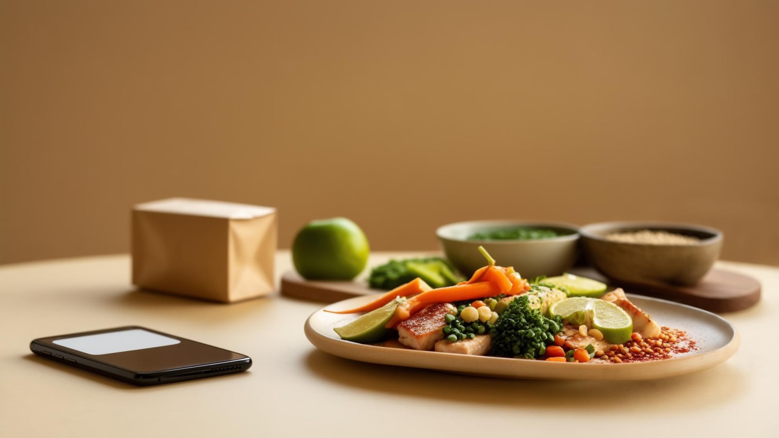 Phone, plain food package, recipe ingredients, and plated meal shown as complementary logging methods
