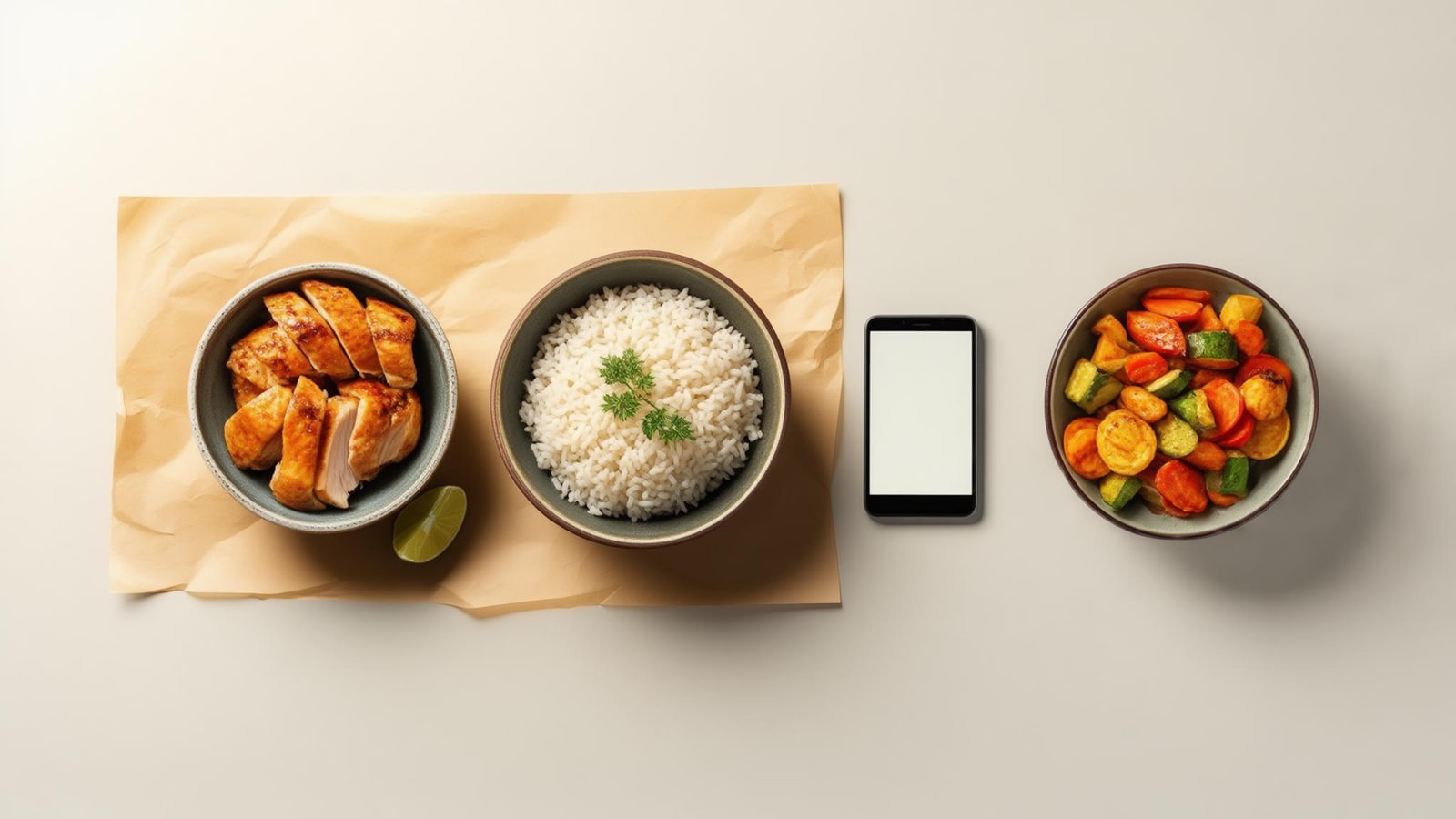 Separated cooked chicken, rice, and vegetables beside a blank phone ready for a verified food record