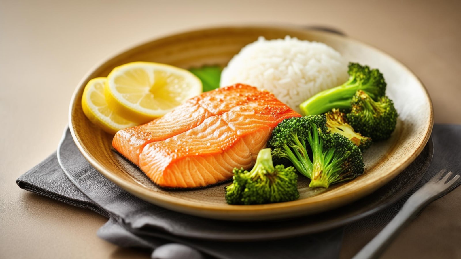 Colorful balanced dinner plate with salmon, rice, and vegetables on a warm paper-toned table