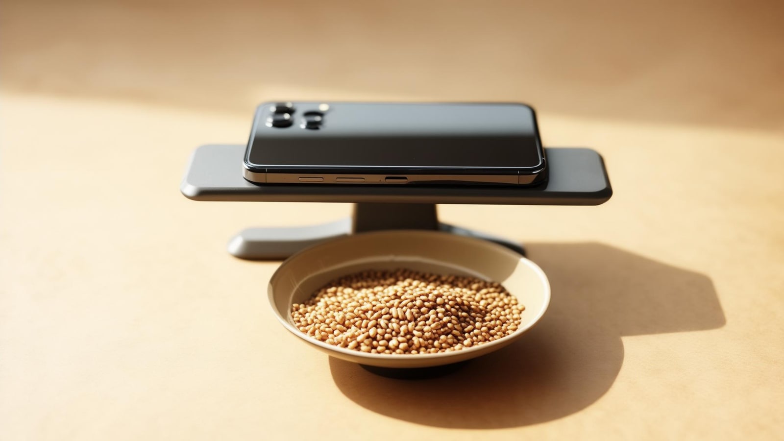 High three-quarter view of a phone resting flat on a centered T-shaped pedestal above a grain bowl