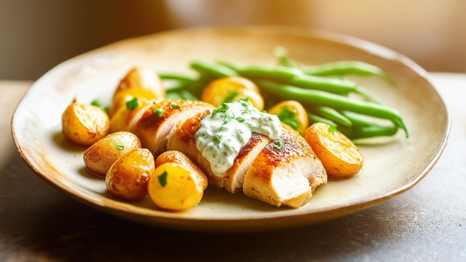 Simple protein-forward evening meal with chicken, potatoes, and vegetables ready to serve
