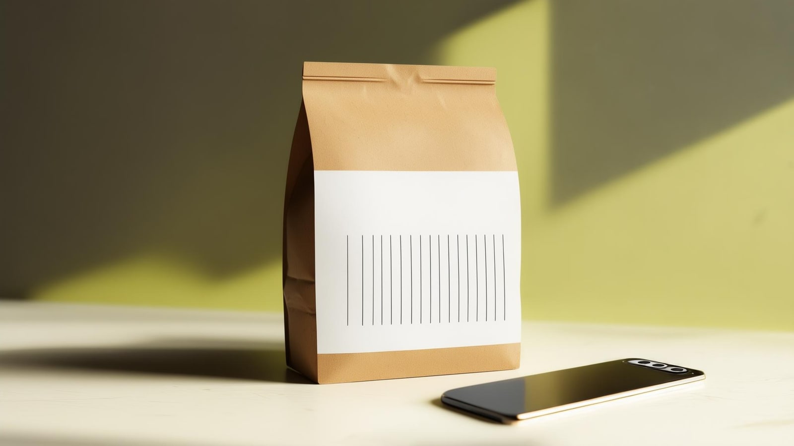 Phone camera aligned with a plain packaged food barcode in a bright kitchen
