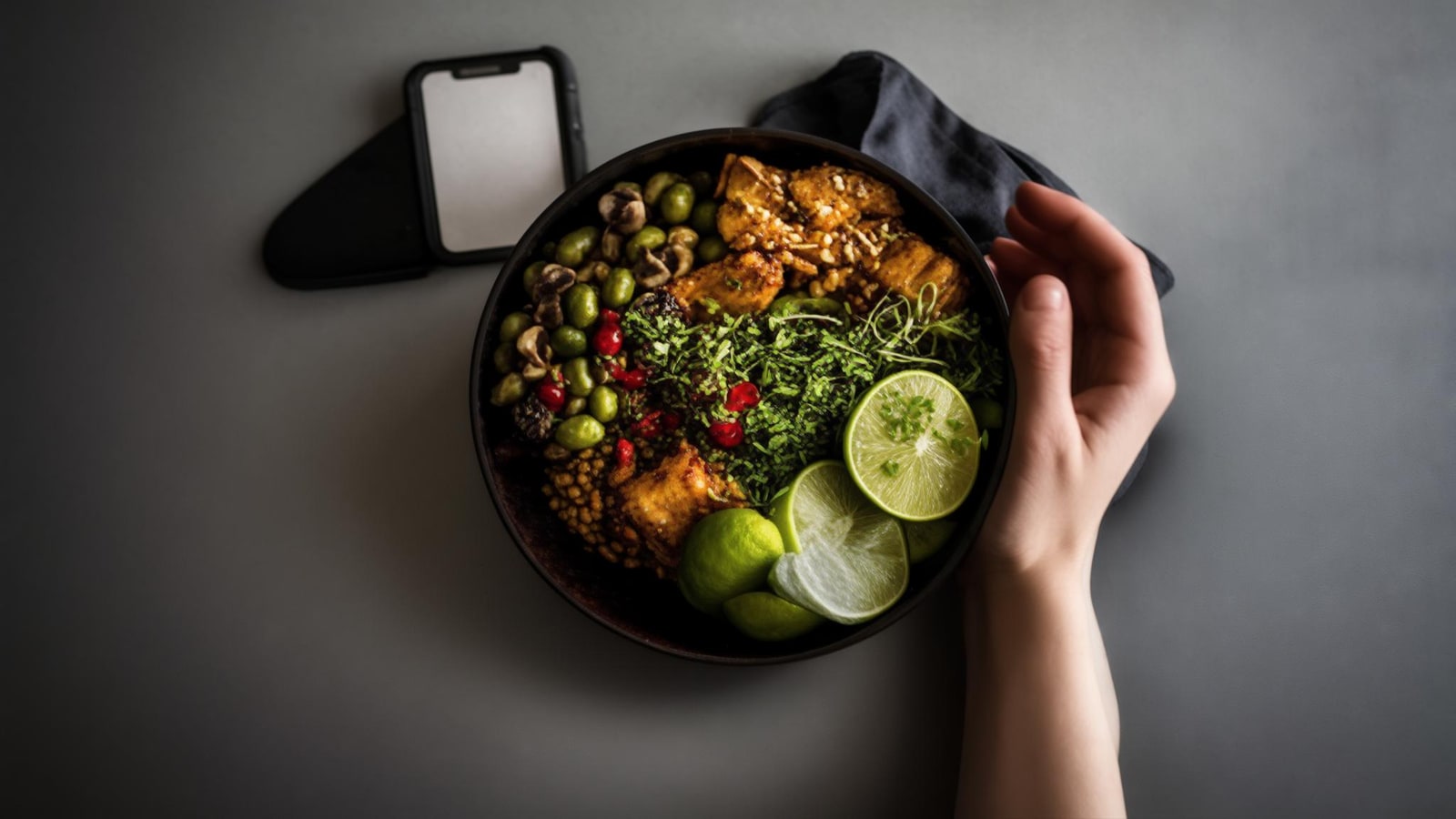 Casual mixed meal beside an unbranded phone and a quiet voice-recording gesture