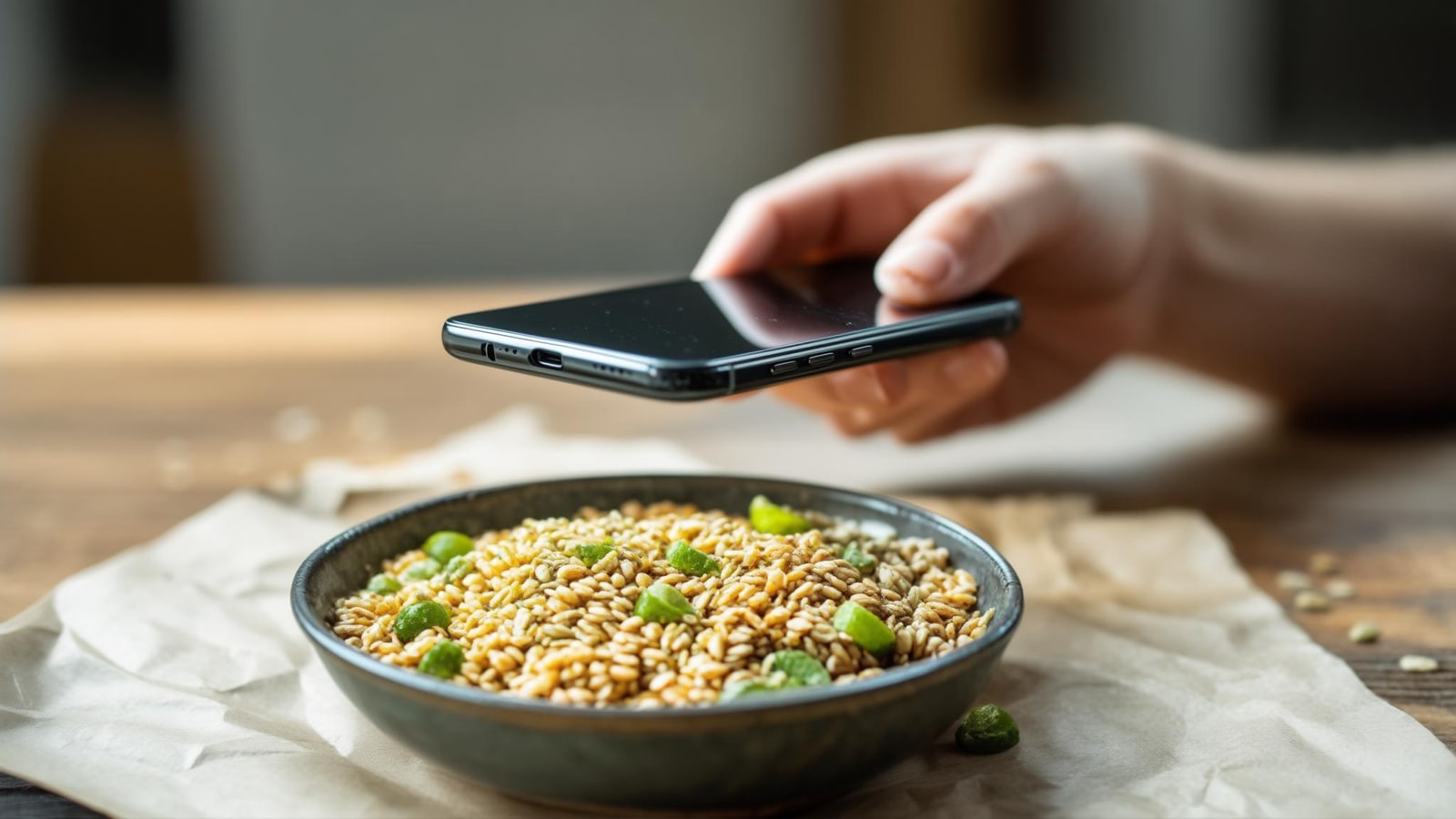 Everyday grain bowl framed naturally beneath an unbranded phone camera