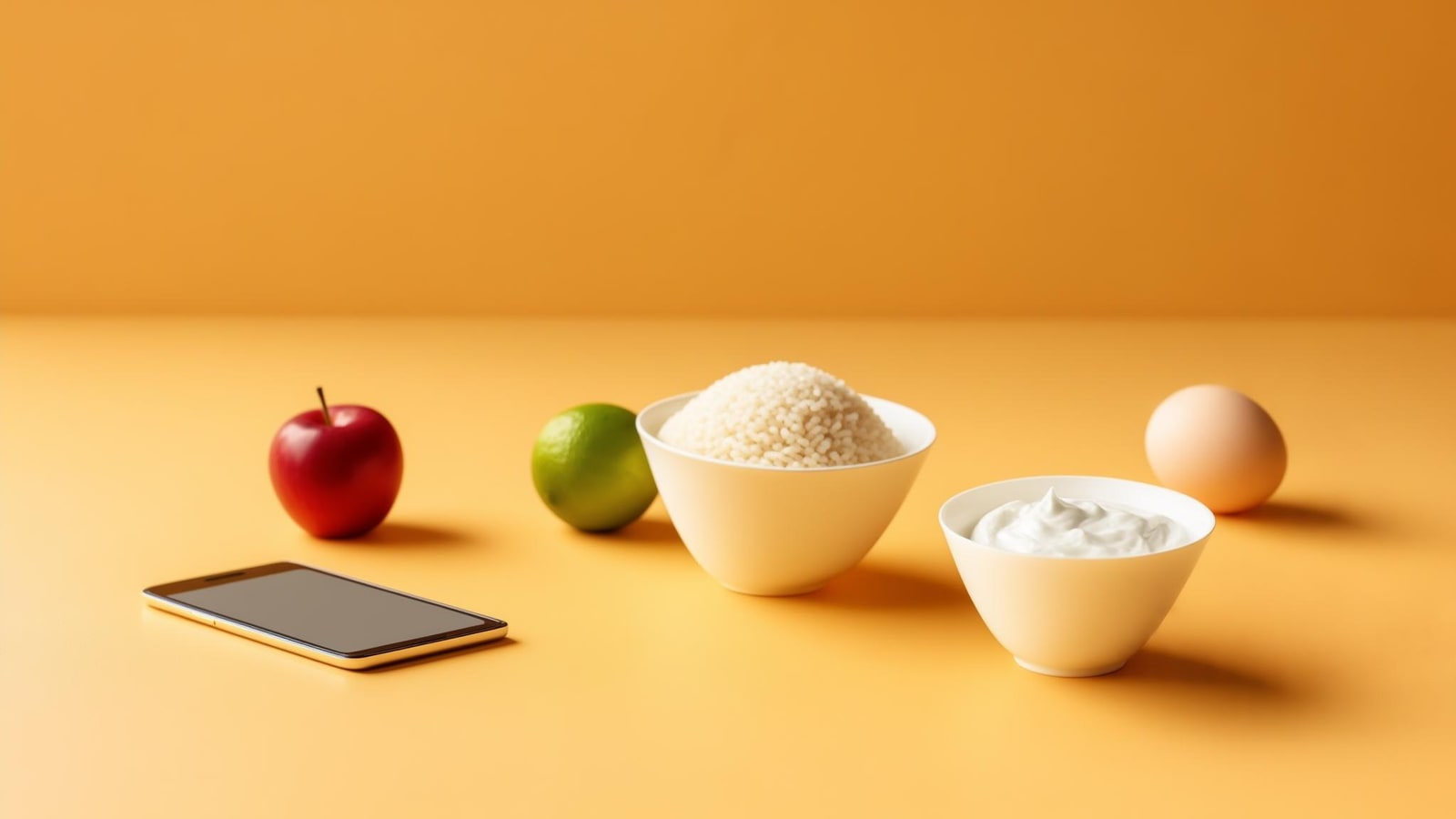 Simple whole foods arranged beside an unbranded phone ready for database search