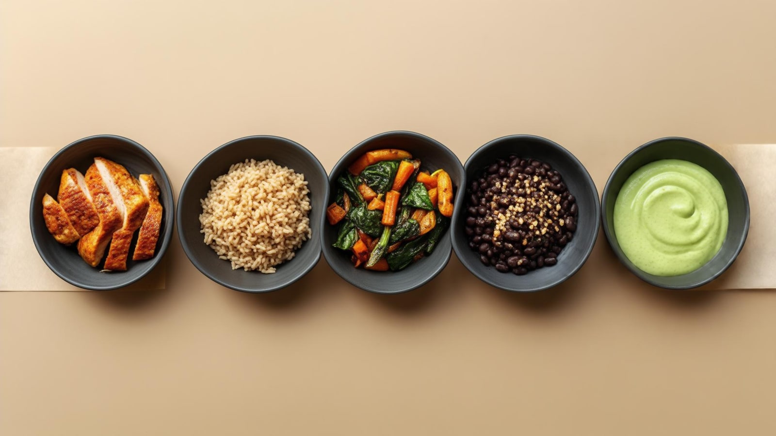 Five modest meal-prep containers of cooked chicken, rice, beans, vegetables, and sauce on a warm counter