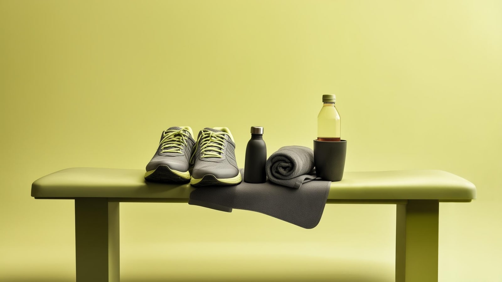 Athlete calmly assessing a sore leg beside a gym bench and water bottle