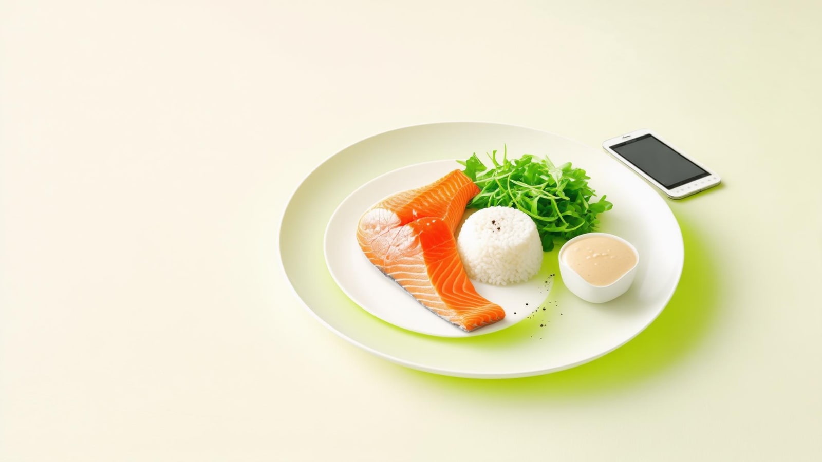 Overhead meal beside a phone with a blank review screen and clearly separate food components