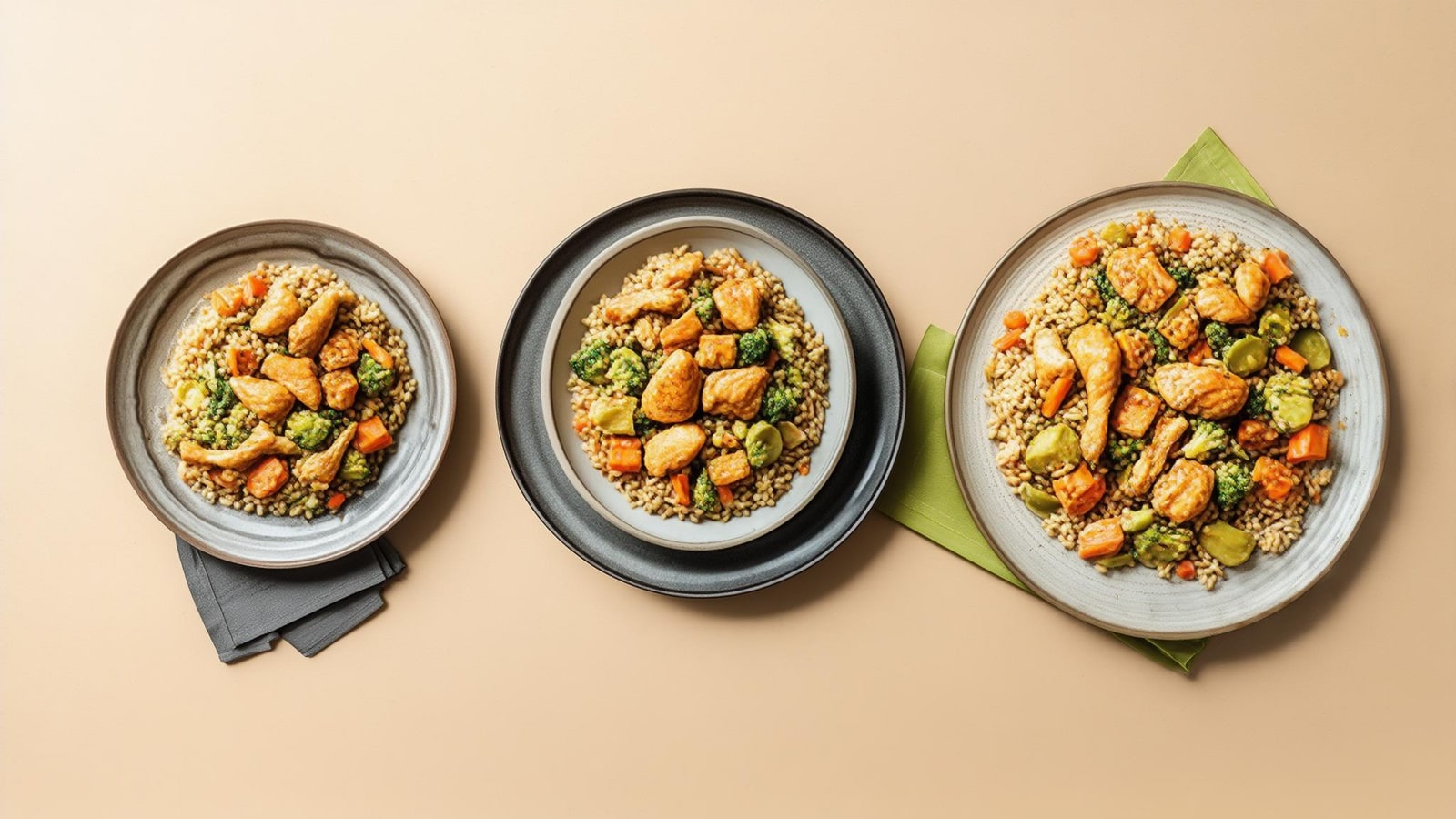 Three matching plates showing realistically different portions of the same rice, chicken, and vegetable meal