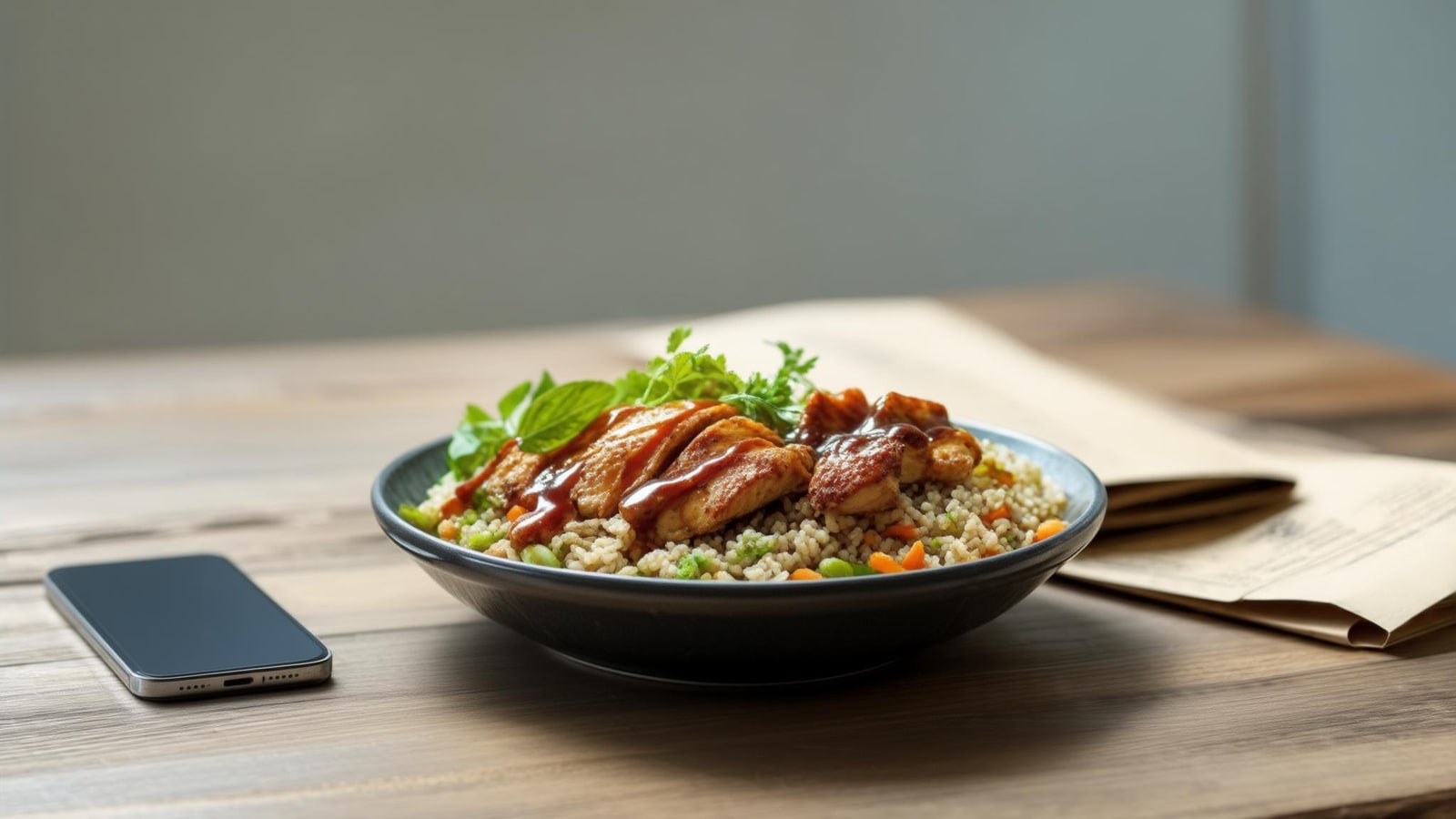 Restaurant grain bowl beside a phone and folded menu with no readable nutrition claims