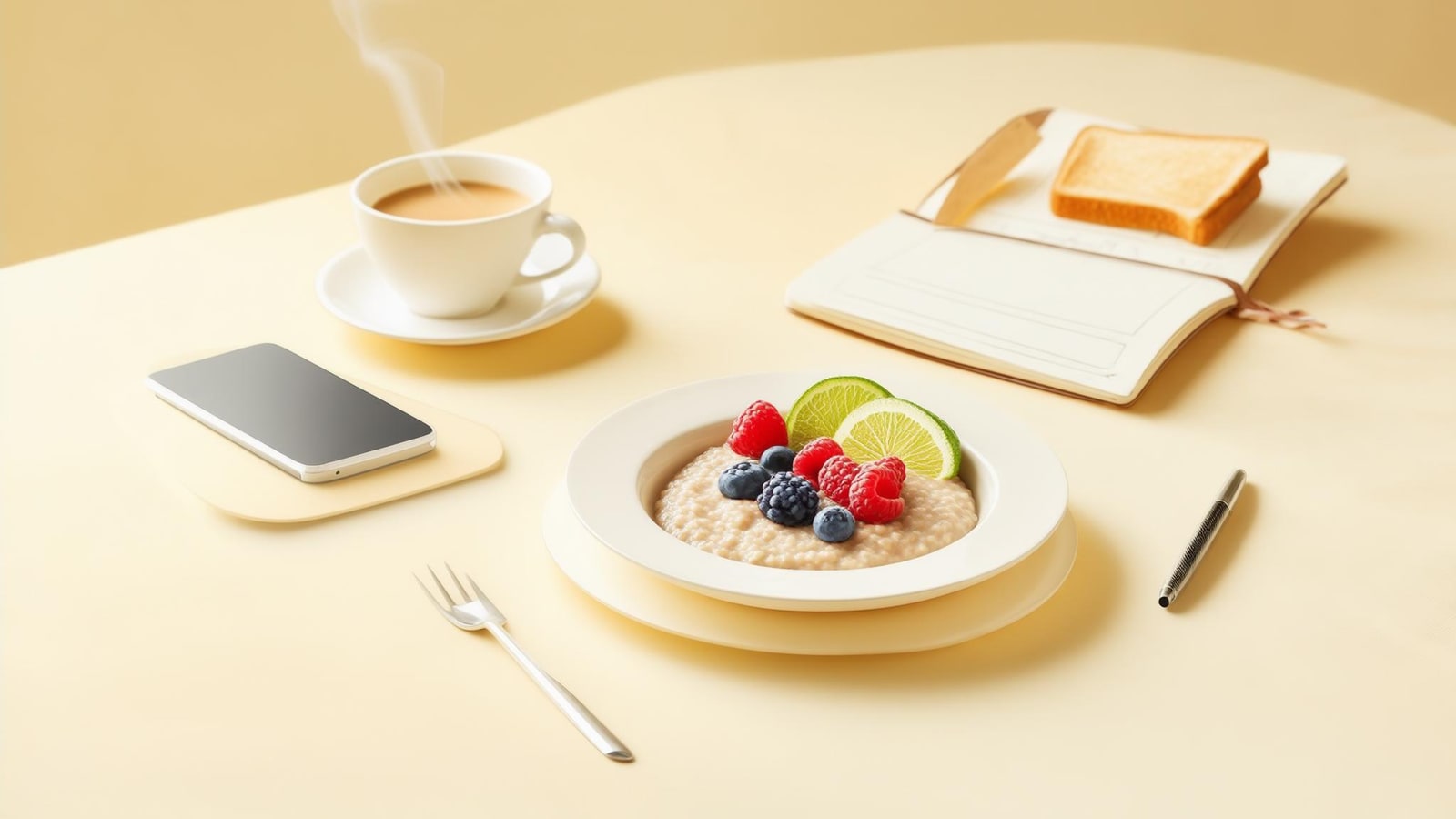 Open food journal beside a simple breakfast ready for a calm fresh entry