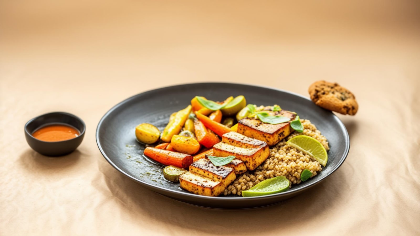 Filling dinner with vegetables, protein, grain, and a small enjoyable side on an everyday table