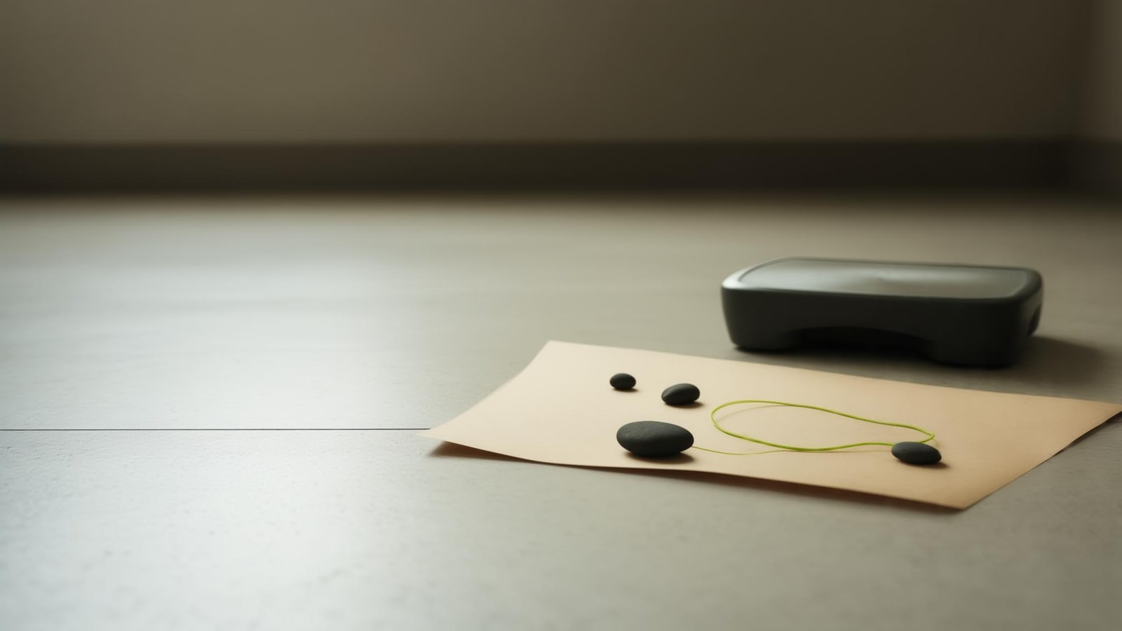 Bathroom scale beside a blank paper chart represented by loose points and a smooth thread