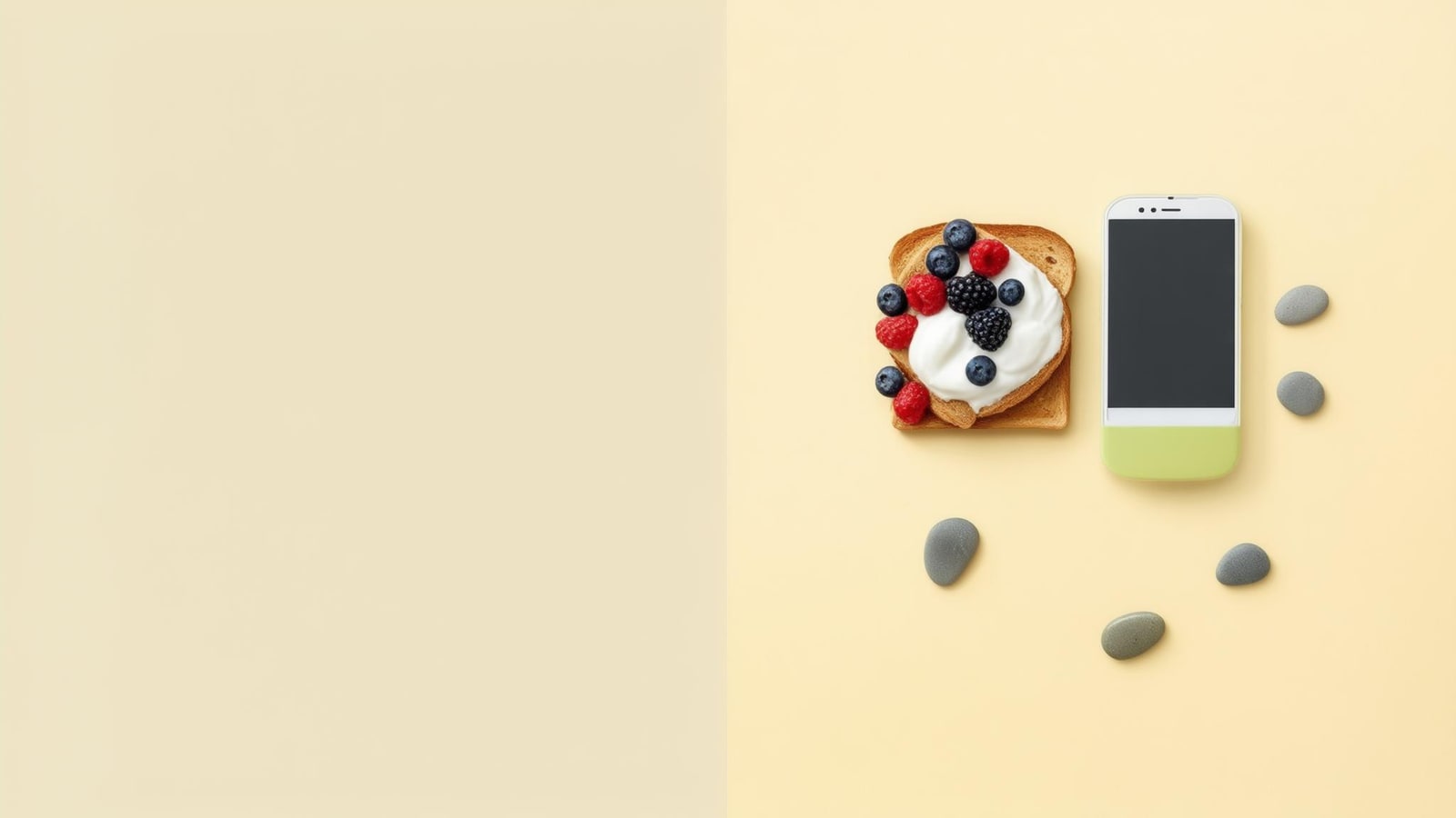Blank phone beside an everyday breakfast and three simple objects suggesting a calm routine