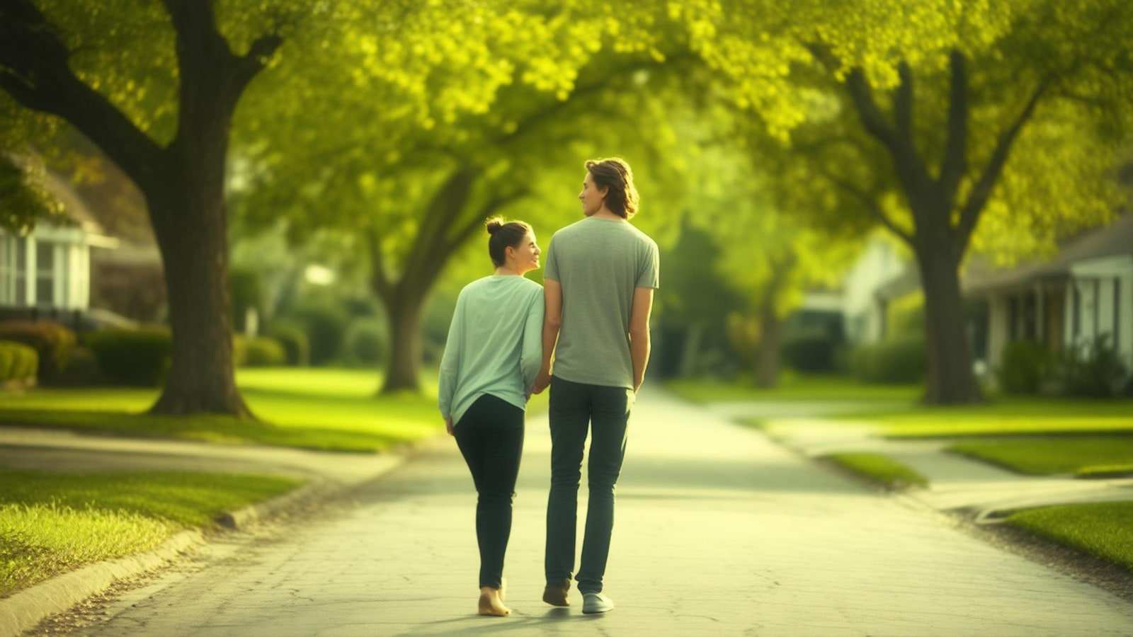 Two adults taking a relaxed neighborhood walk in practical everyday clothing