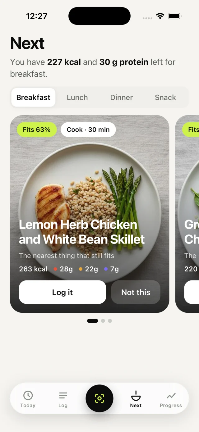Tab What to Eat Next screen with a meal suggestion ranked against remaining calories and protein