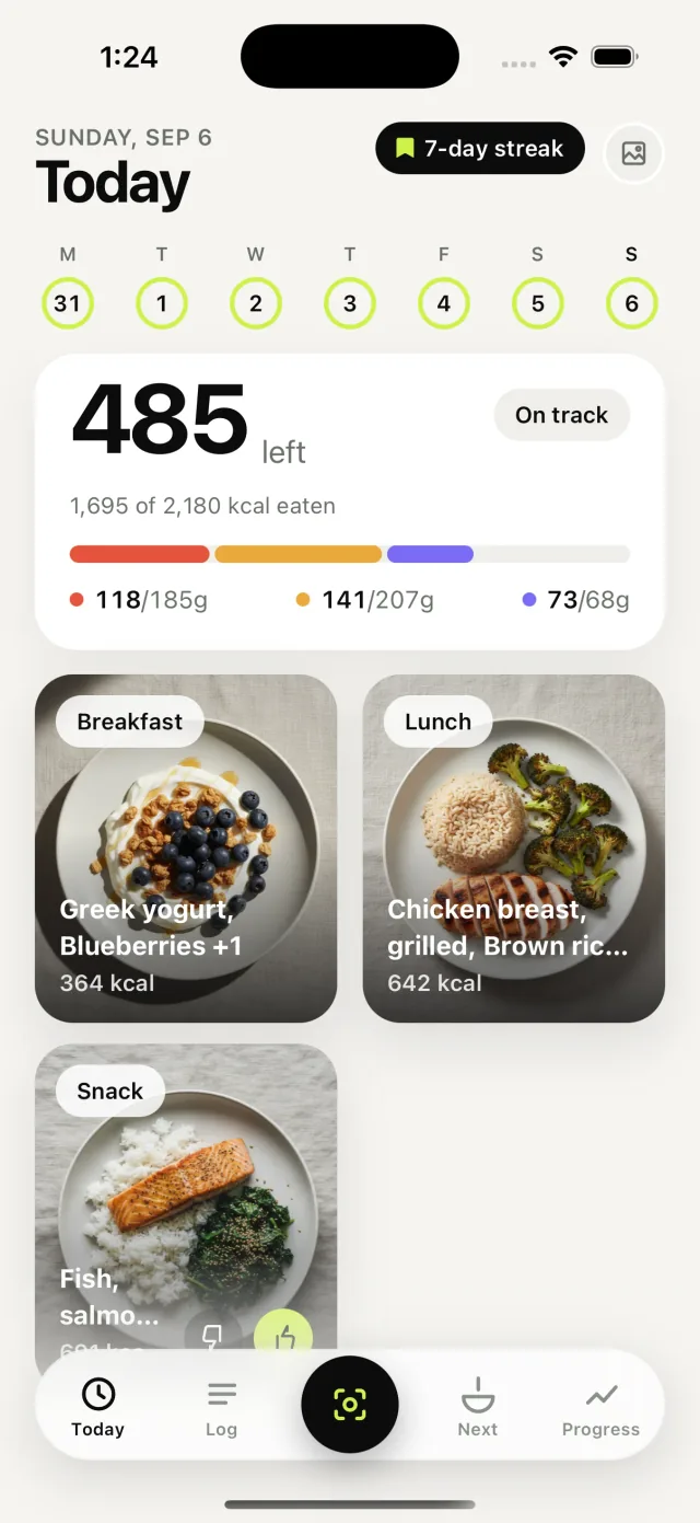 Tab Today screen showing remaining calories, macros and logged meals